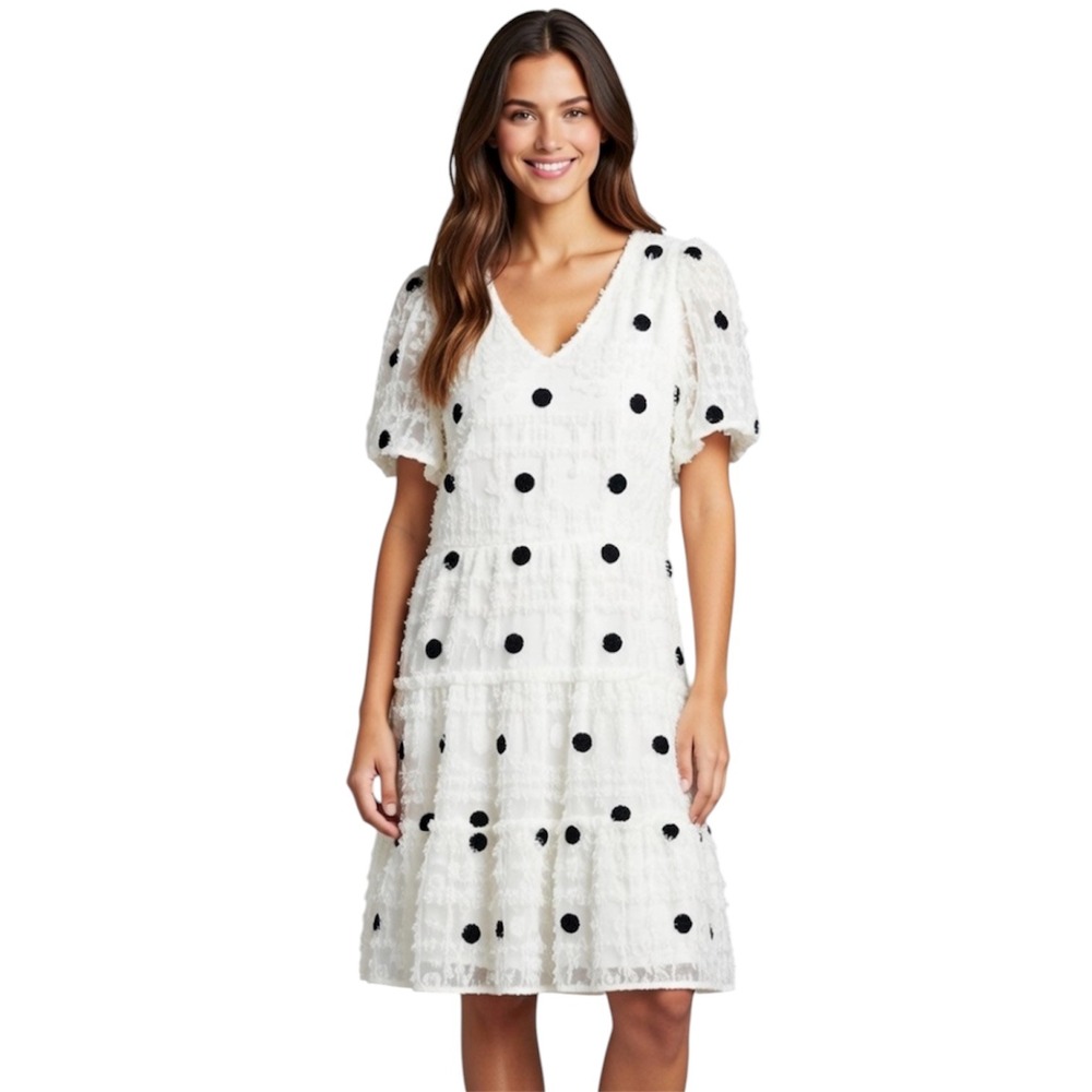 NWT Polka Dot Eyelash Fringe Cream Tiered Dress V-Neck Puff Sleeve Cream Med 6 8